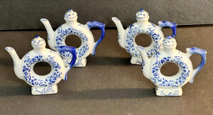 Set of 4 Handcrafted SILVESTRI Blue White Porcelain Teapot Napkin Rings Holders
